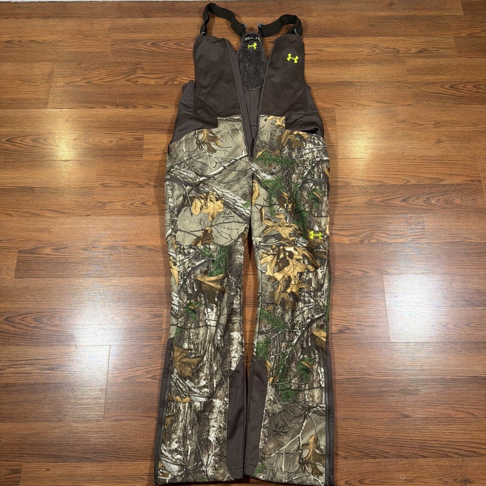Under Armour Bib Pants Mens M Brown Realtree Camo UA Storm1 ColdGear READ FLAW
